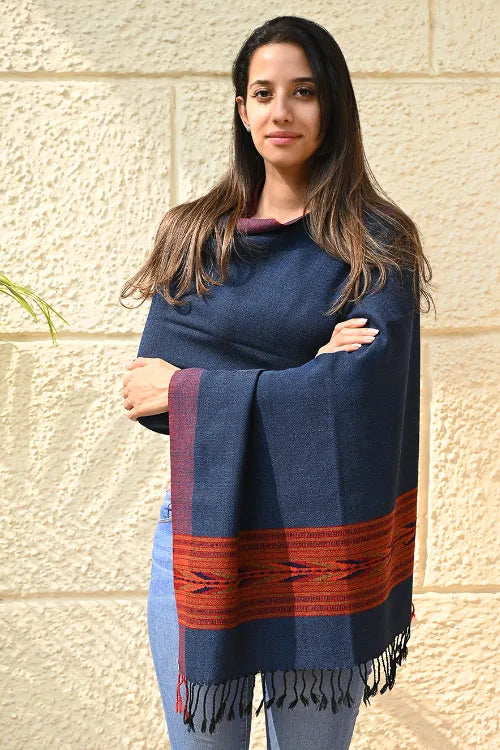 The ICH Exclusive Soft Himachal Wool Stole With Woven Border - Midnight Navy
