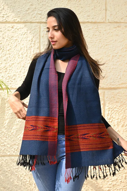 The ICH Exclusive Soft Himachal Wool Stole With Woven Border - Midnight Navy