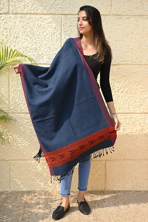 The ICH Exclusive Soft Himachal Wool Stole With Woven Border - Midnight Navy
