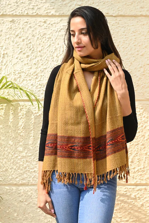 The ICH Exclusive Soft Himachal Wool Stole With Woven Border - Sandstone