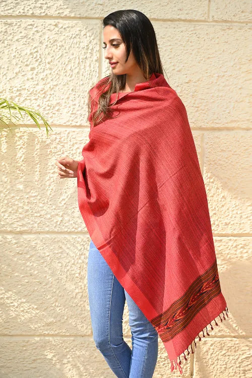 The ICH Exclusive Soft Himachal Wool Stole With Woven Border - Coral Trail