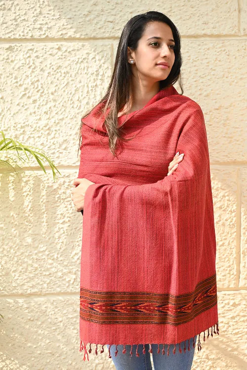 The ICH Exclusive Soft Himachal Wool Stole With Woven Border - Coral Trail