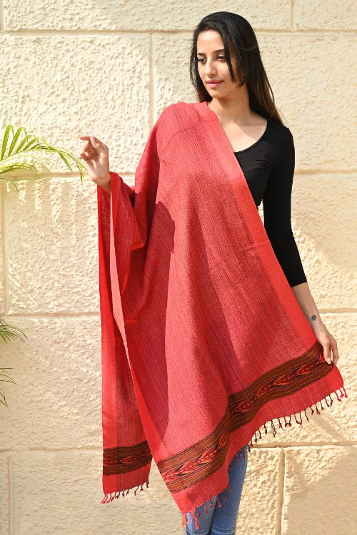 The ICH Exclusive Soft Himachal Wool Stole With Woven Border - Coral Trail