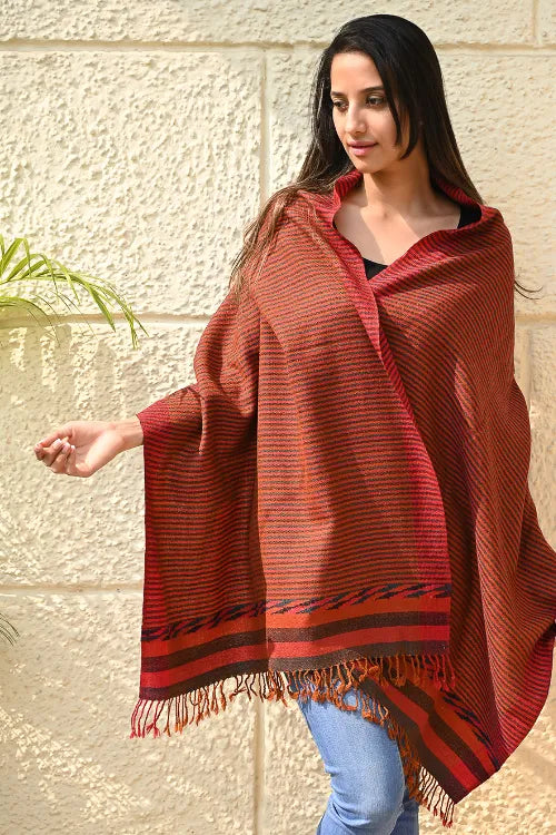 The ICH Exclusive Soft Himachal Wool Stole With Woven Border - Ember Stripes