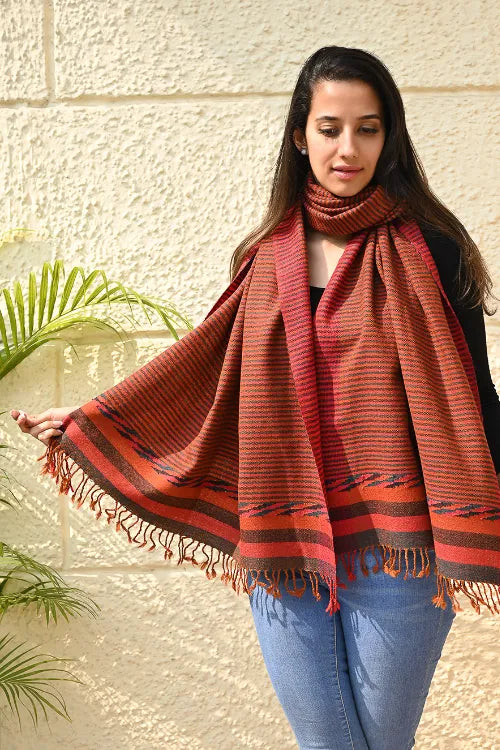 The ICH Exclusive Soft Himachal Wool Stole With Woven Border - Ember Stripes