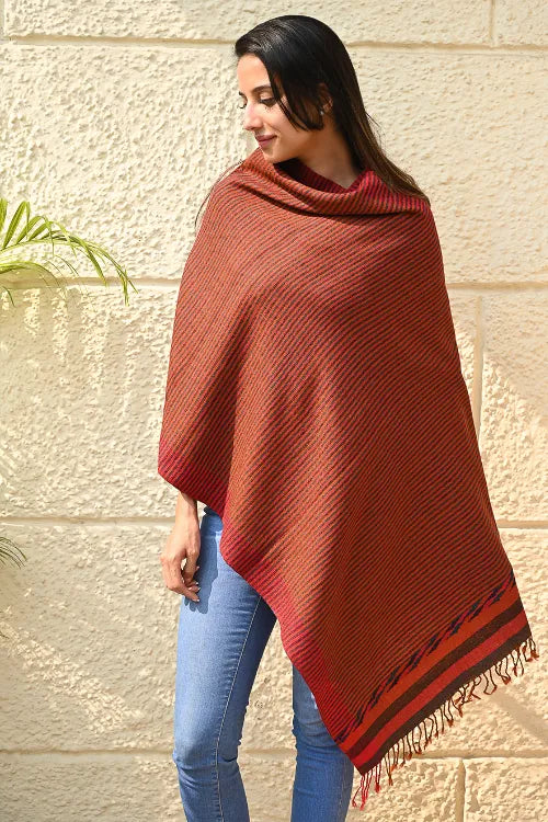 The ICH Exclusive Soft Himachal Wool Stole With Woven Border - Ember Stripes