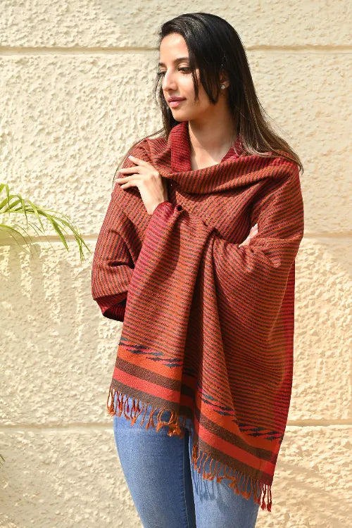 The ICH Exclusive Soft Himachal Wool Stole With Woven Border - Ember Stripes