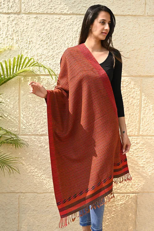 The ICH Exclusive Soft Himachal Wool Stole With Woven Border - Ember Stripes