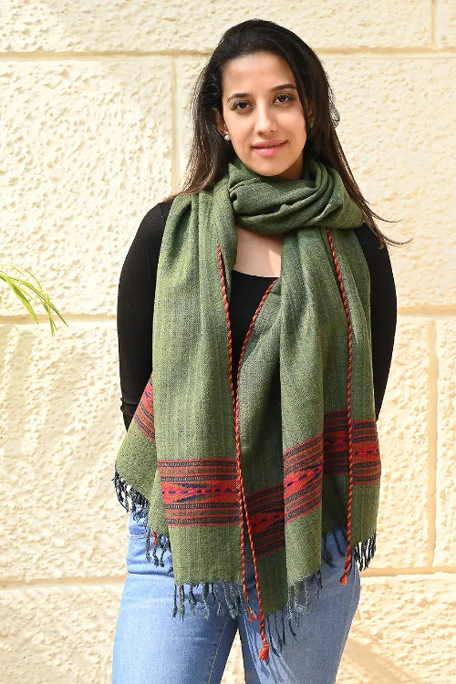 The ICH Exclusive Soft Himachal Wool Stole With Woven Border - Pine & Rust