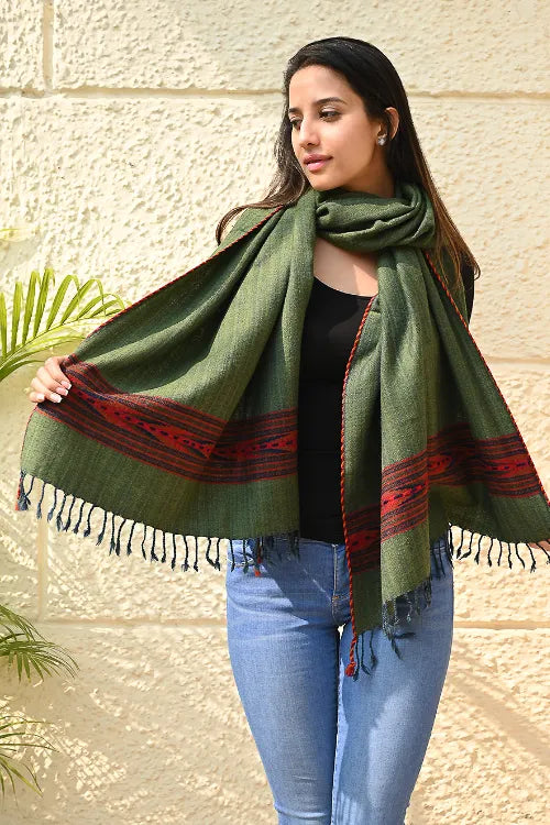 The ICH Exclusive Soft Himachal Wool Stole With Woven Border - Pine & Rust