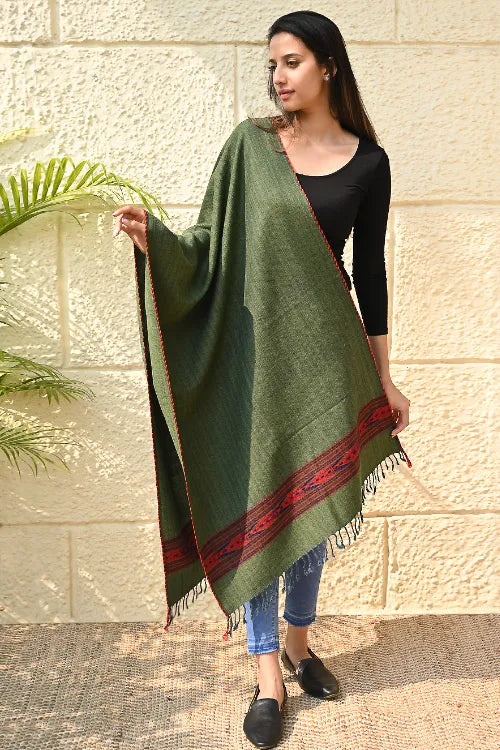 The ICH Exclusive Soft Himachal Wool Stole With Woven Border - Pine & Rust