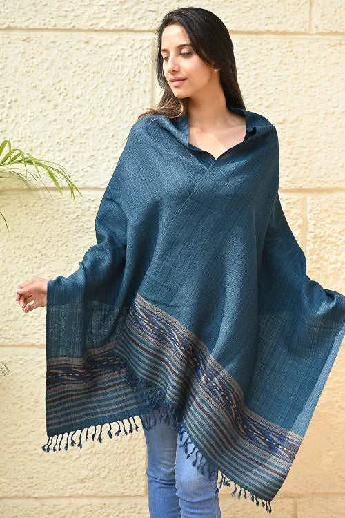 The ICH Exclusive Soft Himachal Wool Stole With Woven Border - Teal Slate