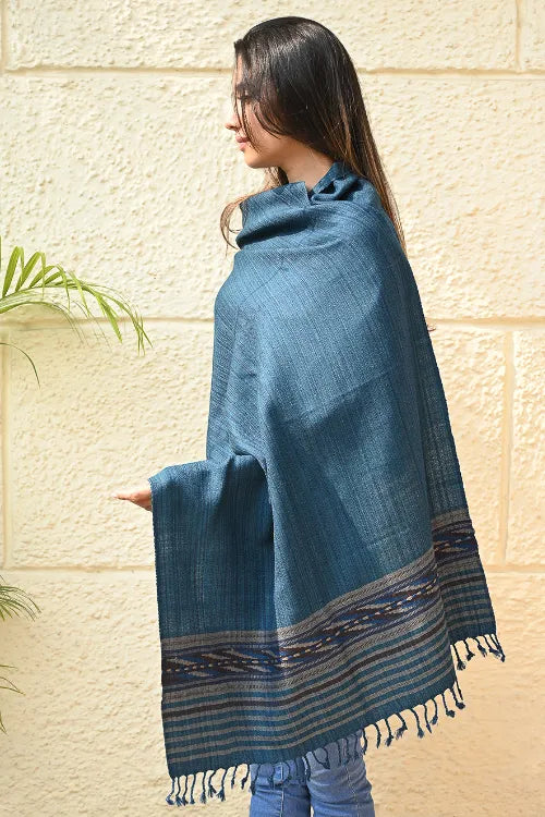 The ICH Exclusive Soft Himachal Wool Stole With Woven Border - Teal Slate