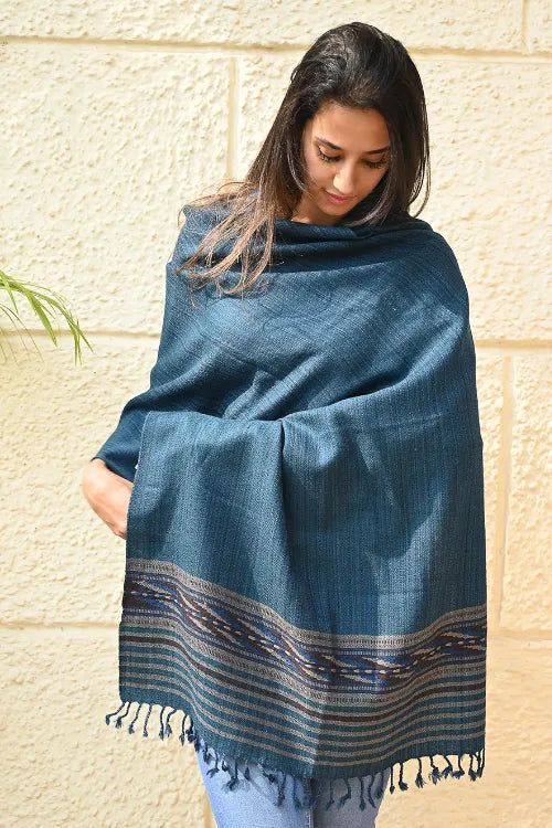 The ICH Exclusive Soft Himachal Wool Stole With Woven Border - Teal Slate