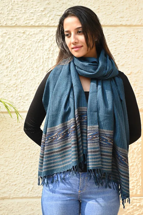 The ICH Exclusive Soft Himachal Wool Stole With Woven Border - Teal Slate