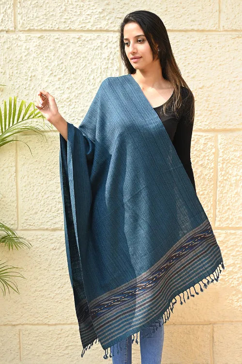 The ICH Exclusive Soft Himachal Wool Stole With Woven Border - Teal Slate