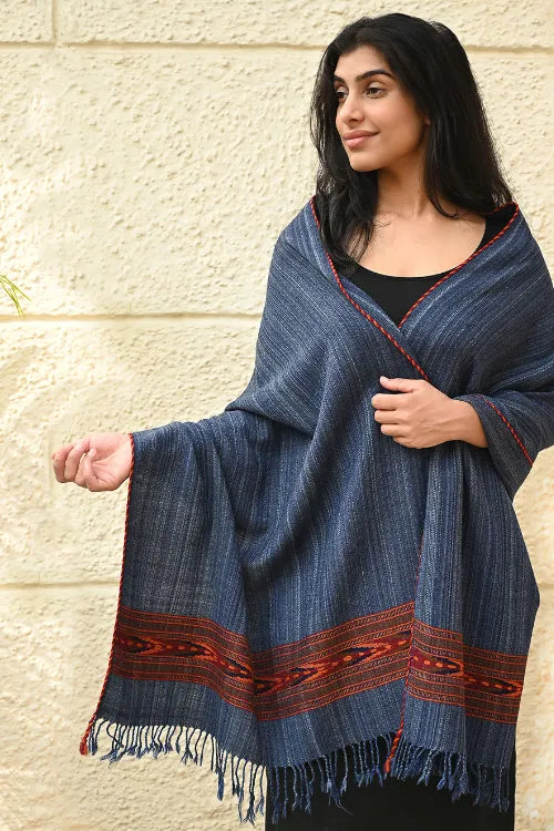 The ICH Exclusive Soft Himachal Wool Stole With Woven Border - Indigo Trail