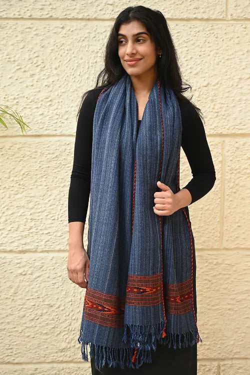 The ICH Exclusive Soft Himachal Wool Stole With Woven Border - Indigo Trail