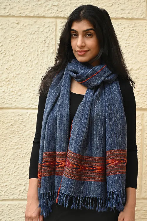 The ICH Exclusive Soft Himachal Wool Stole With Woven Border - Indigo Trail