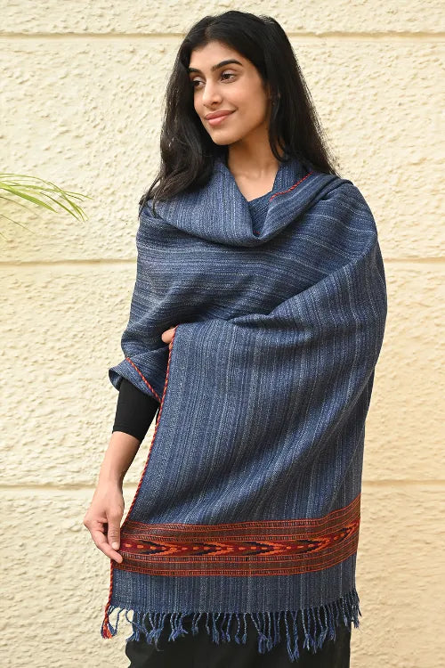 The ICH Exclusive Soft Himachal Wool Stole With Woven Border - Indigo Trail