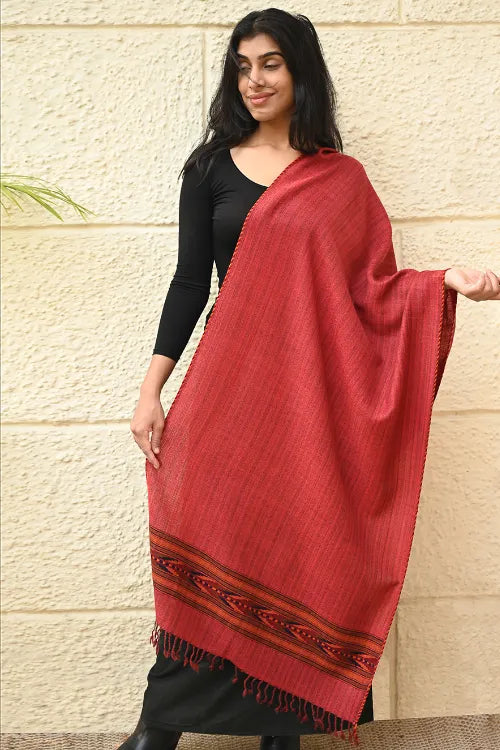 The ICH Exclusive Soft Himachal Wool Stole With Woven Border - Coral Bloom