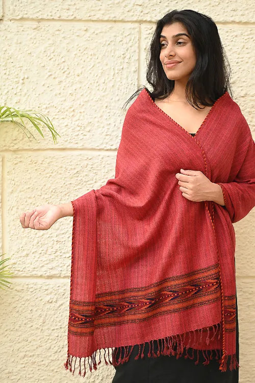 The ICH Exclusive Soft Himachal Wool Stole With Woven Border - Coral Bloom