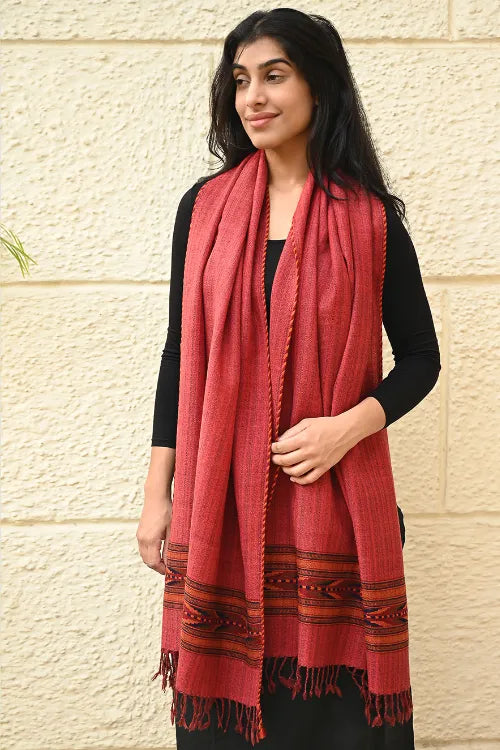 The ICH Exclusive Soft Himachal Wool Stole With Woven Border - Coral Bloom