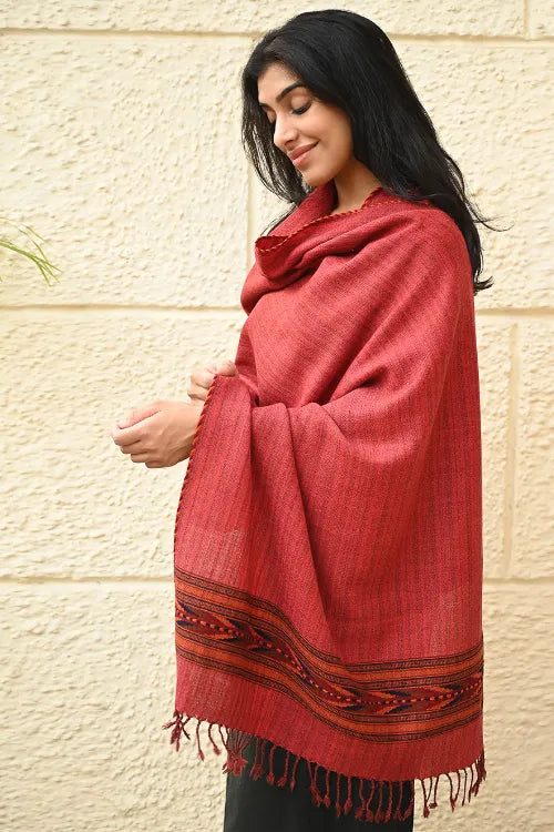 The ICH Exclusive Soft Himachal Wool Stole With Woven Border - Coral Bloom