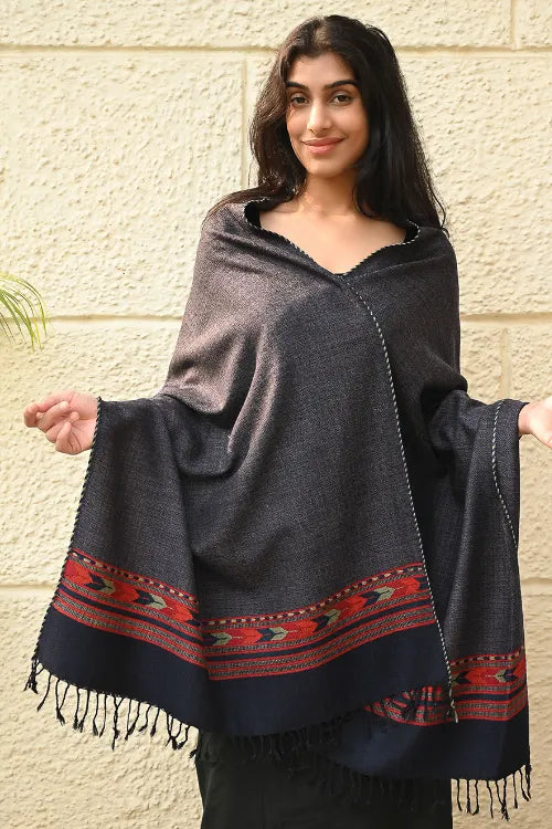 The ICH Exclusive Soft Himachal Wool Stole With Woven Border - Smoky Trail