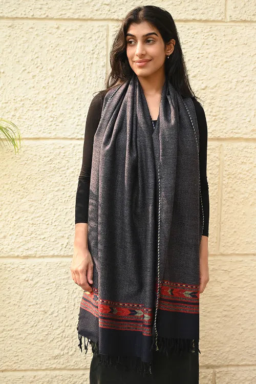 The ICH Exclusive Soft Himachal Wool Stole With Woven Border - Smoky Trail