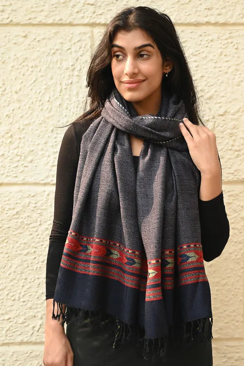 The ICH Exclusive Soft Himachal Wool Stole With Woven Border - Smoky Trail