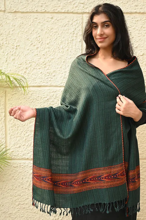 The ICH Exclusive Soft Himachal Wool Stole With Woven Border - Moss Trail