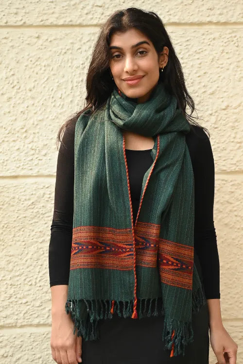 The ICH Exclusive Soft Himachal Wool Stole With Woven Border - Moss Trail