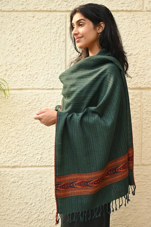 The ICH Exclusive Soft Himachal Wool Stole With Woven Border - Moss Trail