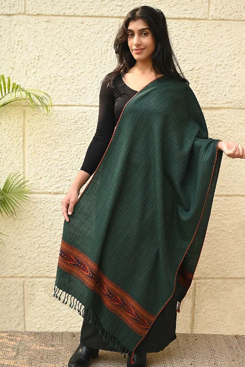 The ICH Exclusive Soft Himachal Wool Stole With Woven Border - Moss Trail