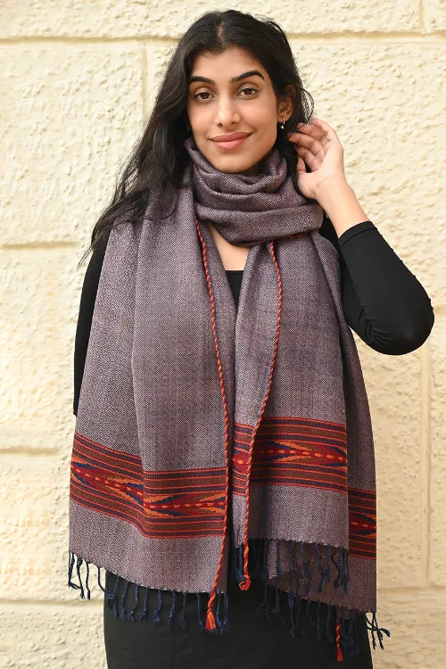 The ICH Exclusive Soft Himachal Wool Stole With Woven Border - Slate Violet