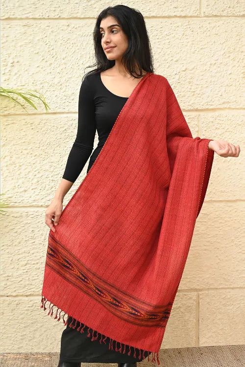 The ICH Exclusive Soft Himachal Wool Stole With Woven Border - Redwood Ember