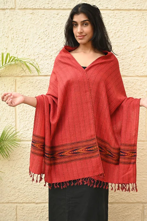 The ICH Exclusive Soft Himachal Wool Stole With Woven Border - Redwood Ember