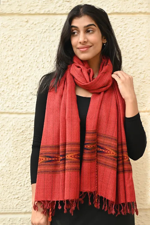 The ICH Exclusive Soft Himachal Wool Stole With Woven Border - Redwood Ember