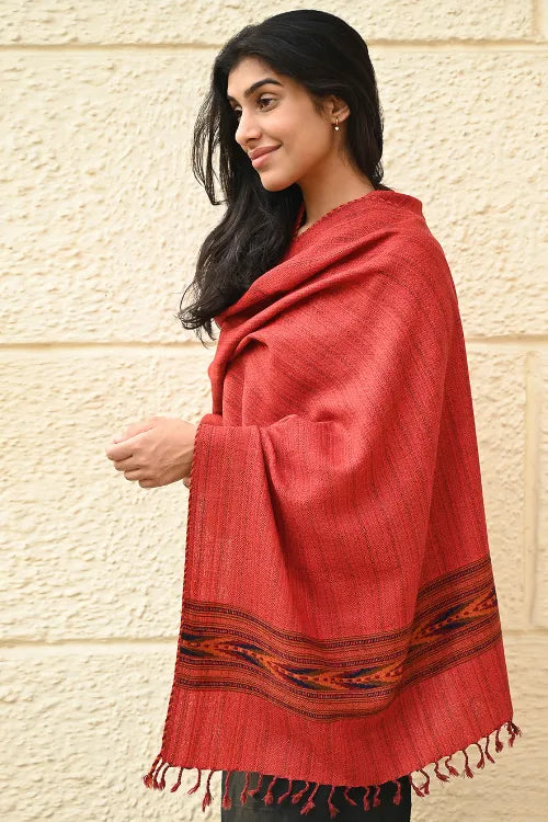 The ICH Exclusive Soft Himachal Wool Stole With Woven Border - Redwood Ember