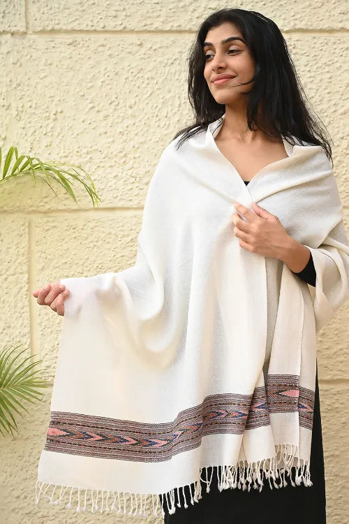 The ICH Exclusive Soft Himachal Wool Stole With Woven Border - Moonlight Trail