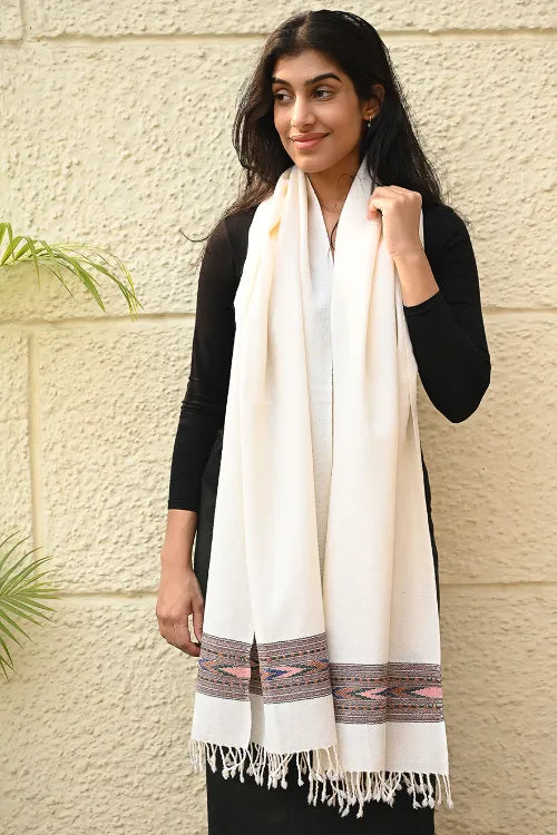 The ICH Exclusive Soft Himachal Wool Stole With Woven Border - Moonlight Trail