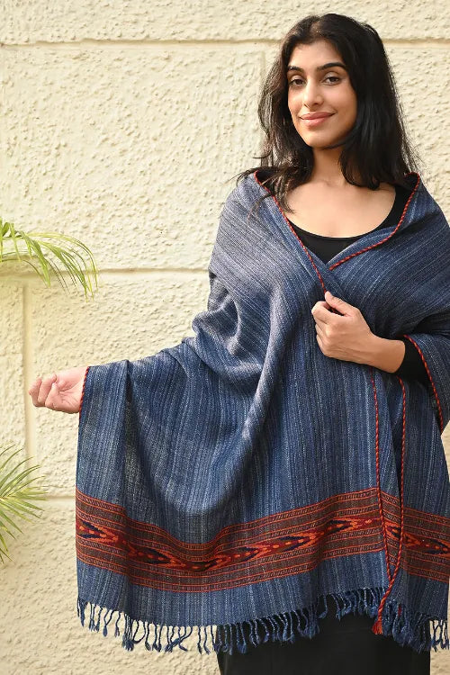 The ICH Exclusive Soft Himachal Wool Stole With Woven Border - Indigo Glen
