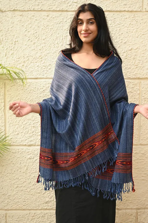 The ICH Exclusive Soft Himachal Wool Stole With Woven Border - Indigo Glen