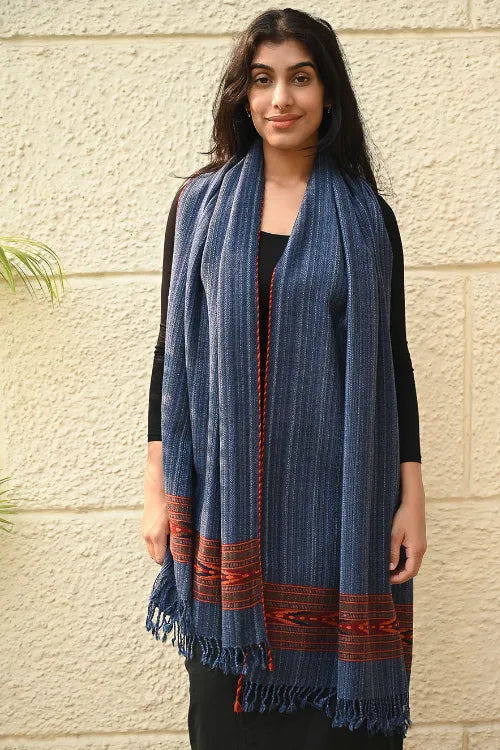 The ICH Exclusive Soft Himachal Wool Stole With Woven Border - Indigo Glen