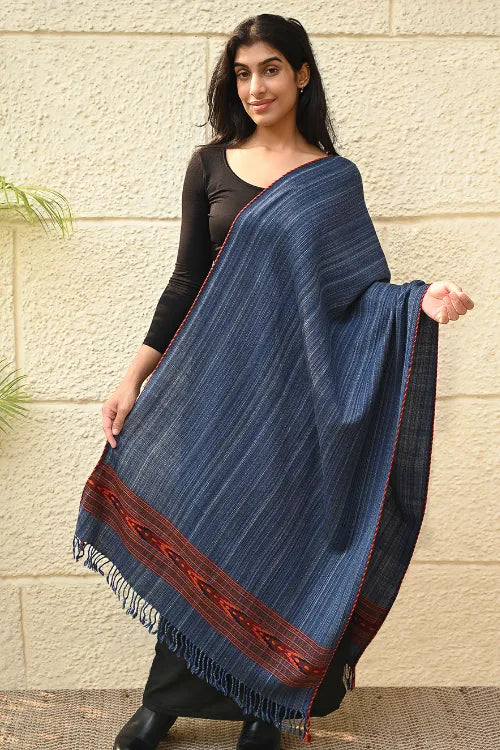 The ICH Exclusive Soft Himachal Wool Stole With Woven Border - Indigo Glen