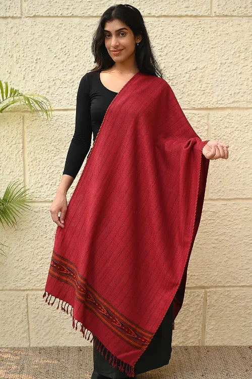 The ICH Exclusive Soft Himachal Wool Stole With Woven Border - Sunset Rose