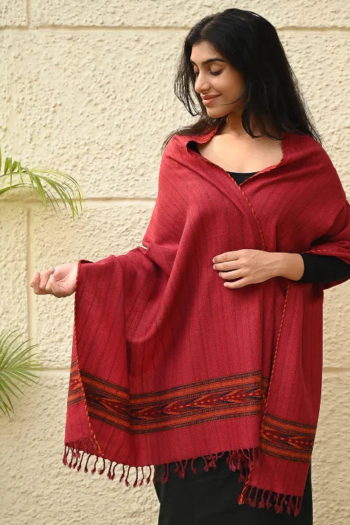 The ICH Exclusive Soft Himachal Wool Stole With Woven Border - Sunset Rose