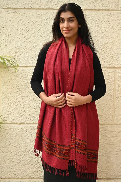 The ICH Exclusive Soft Himachal Wool Stole With Woven Border - Sunset Rose