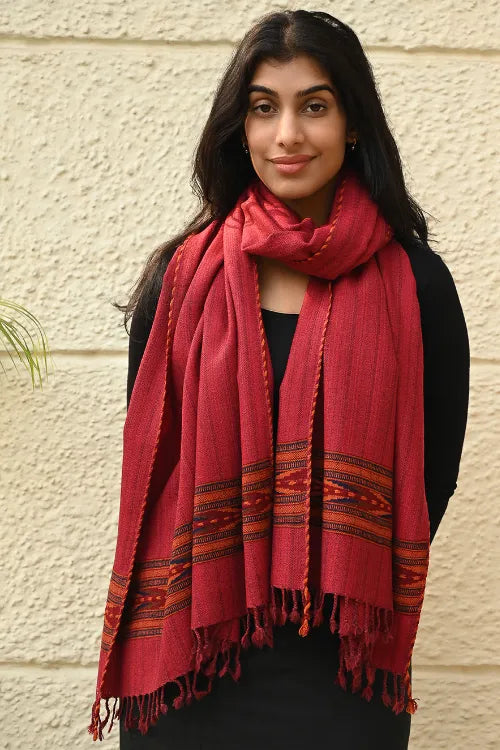 The ICH Exclusive Soft Himachal Wool Stole With Woven Border - Sunset Rose